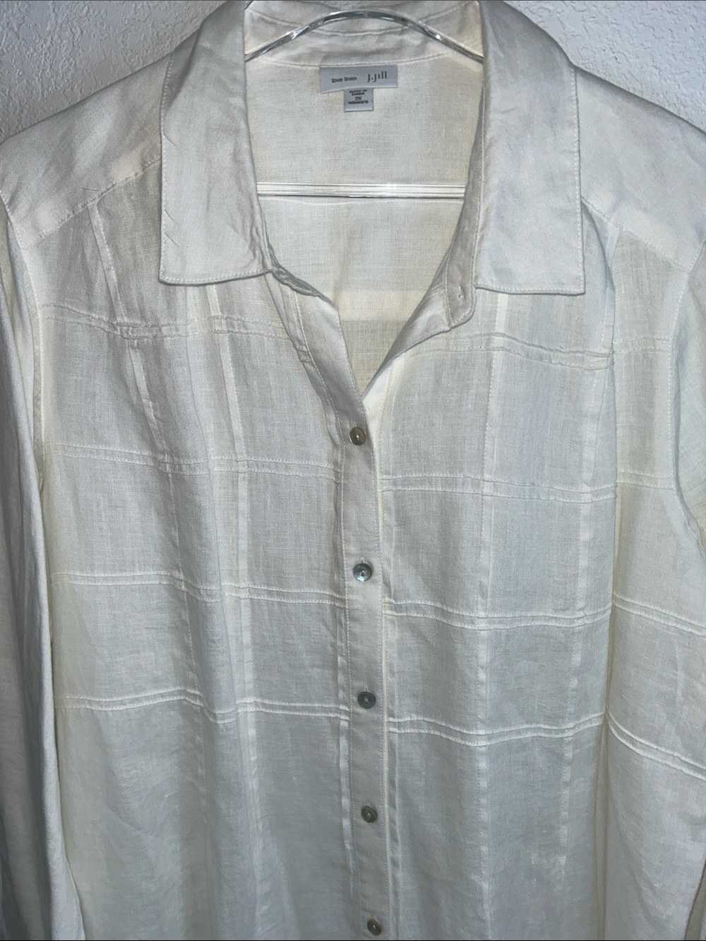 J. Jill Linen White Windowpane Long-Sleeve Button-Down Shirt 2X EUC